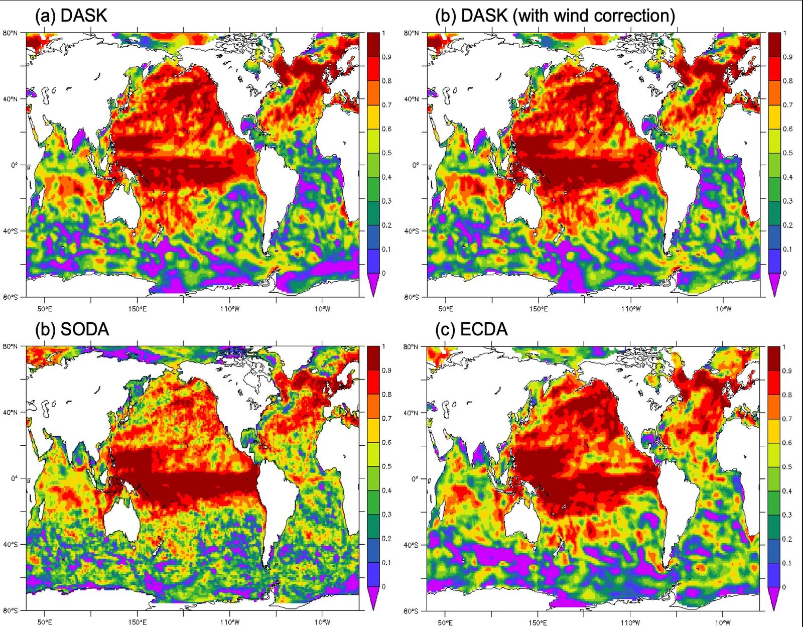 DASK ocean reanalysis comparison: DASK, DASK+wind correction, SODA, ECDA